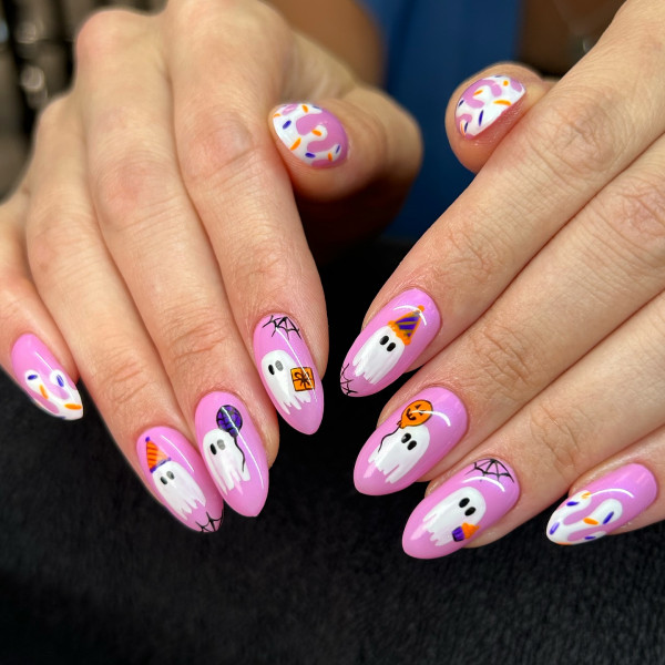 40 Halloween Nail Designs to Try This Season : Party Ghosts in Pink