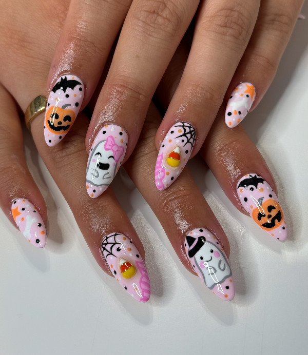 Polka Dot Spooky Fun, Halloween Nail Designs, spooky Halloween nails, cute halloween nails, Halloween nail Designs acrylic