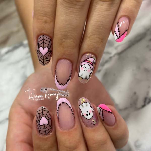 Cute & Creepy Pink Webs, Halloween Nail Designs, spooky Halloween nails, cute halloween nails, Halloween nail Designs acrylic