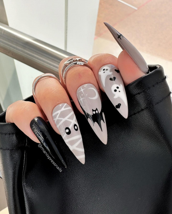 Monochrome Spook Show, Halloween Nail Designs, spooky Halloween nails, cute halloween nails, Halloween nail Designs acrylic