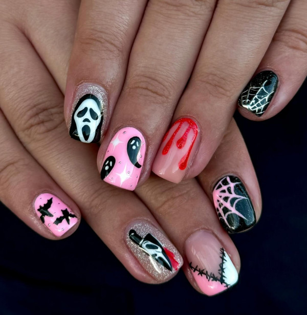 40 Halloween Nail Designs to Try This Season : Pop Horror Short Manicure