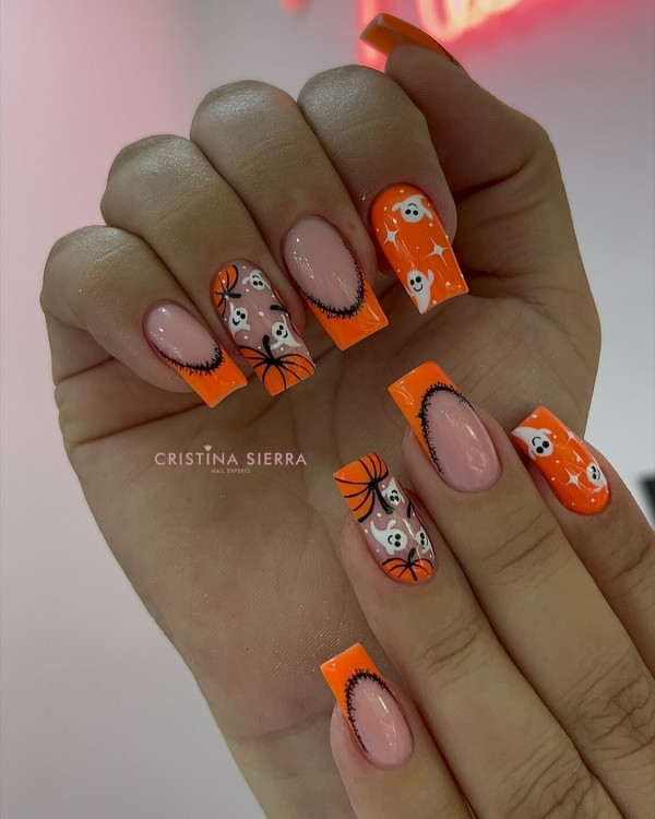 40 Halloween Nail Designs to Try This Season : Neon Pumpkin Patch