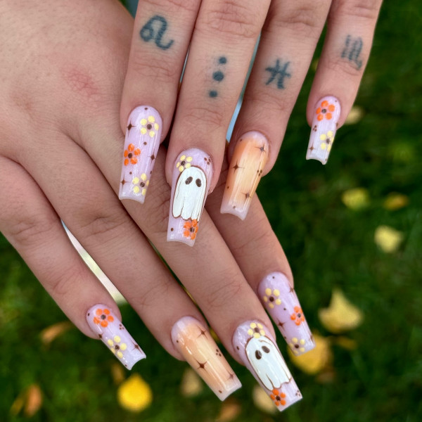 40 Halloween Nail Designs to Try This Season : Floral Ghost Garden