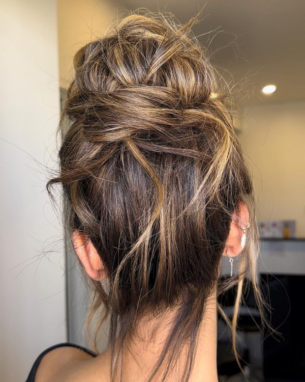 Brunette Textured Messy Bun, Romantic Messy Twisted , Hot and Trendy Updo Hairstyle, messy updo hairstyle