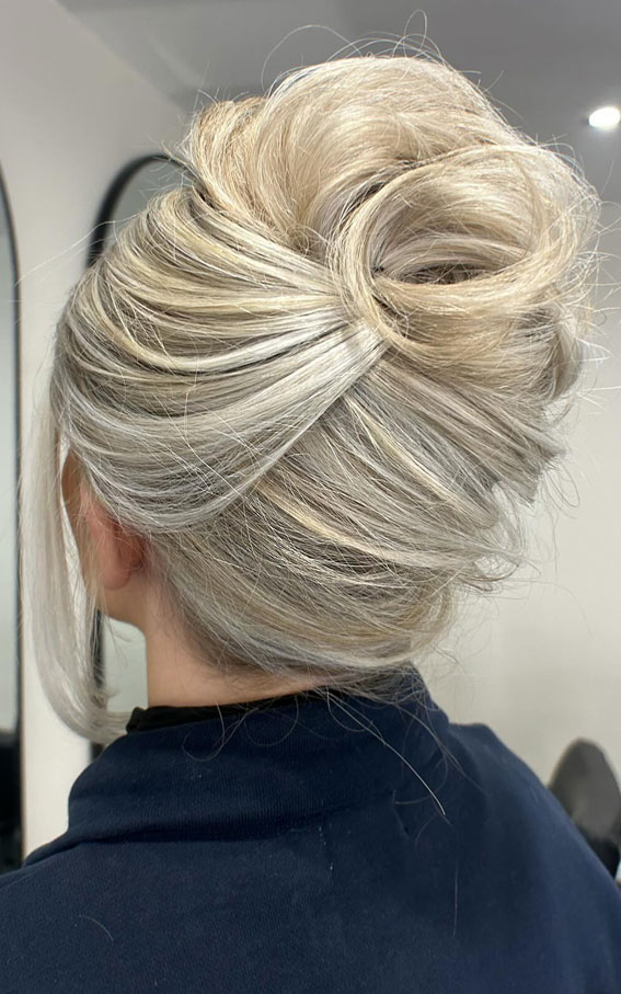 Icy Blonde Voluminous Updo, Hot and Trendy Updo Hairstyle, updo hairstyle, sleek updo, high knot updo