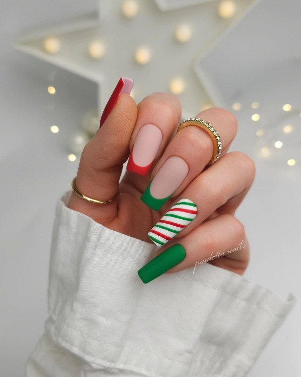 Green & Red Candy Cane and French Nails, Christmas nails, festive Christmas nail art, cute Christmas nails, Christmas Nail Ideas, festive Christmas nails, Xmas nail art, festive nail designs, Christmas nail art designs