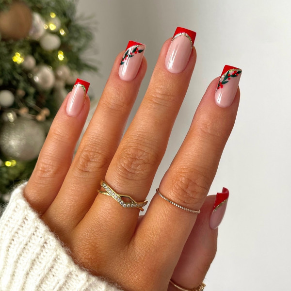 42 Festive Christmas Nail Art Ideas to Sleigh This Year : Holly Jolly French Tips