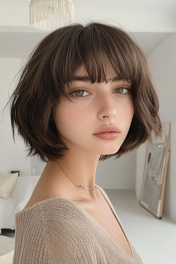 30 Cute Bob Hairstyles with Fringe : Tousled Bob with Wispy Fringe