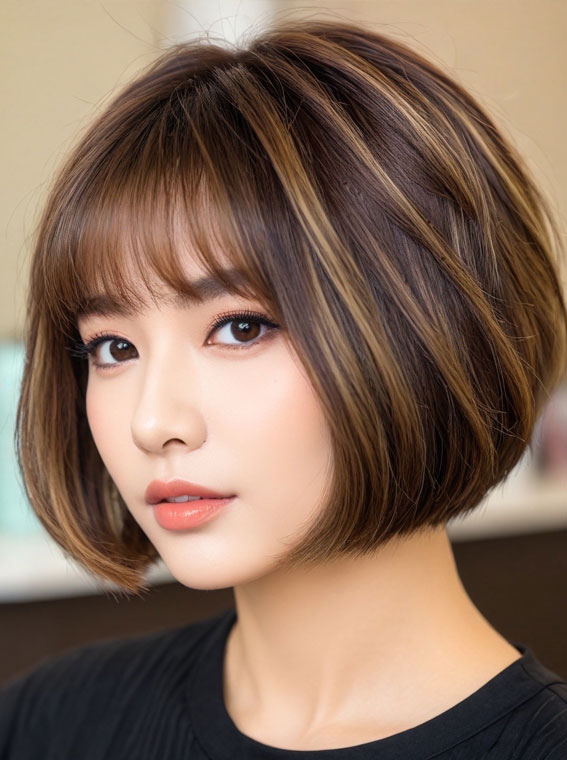 30 Cute Bob Hairstyles with Fringe : Sleek Espresso Layered Bob