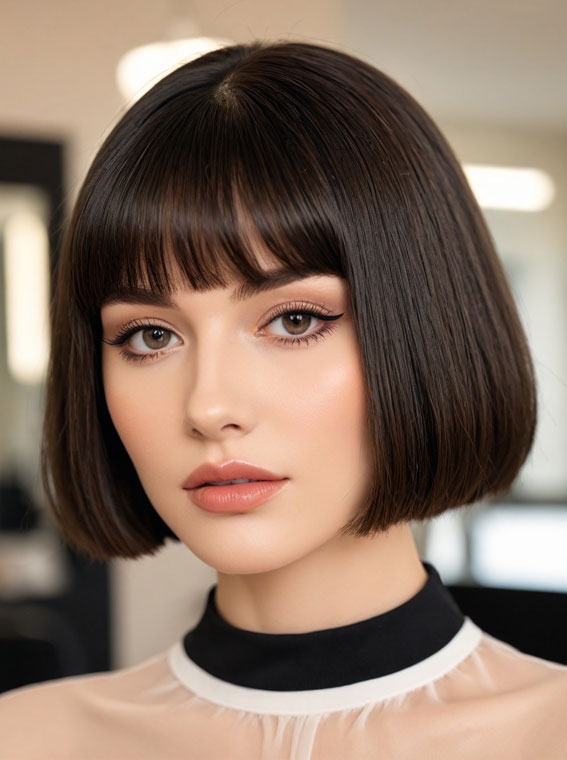 Classic Dark Brown Bob with Wispy Fringe, Bob hairstyles with fringe, Bob haircut with layers, medium bob with bangs, long bob with bangs, short bob with bangs, bob with curtain bangs