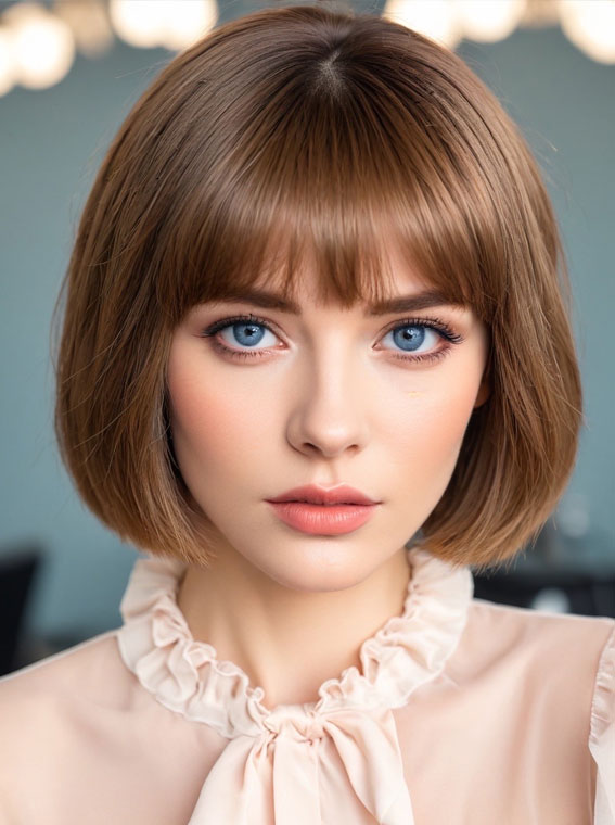 Chestnut Chin-Length Bob, Bob hairstyles with fringe, Bob haircut with layers, medium bob with bangs, long bob with bangs, short bob with bangs, bob with curtain bangs