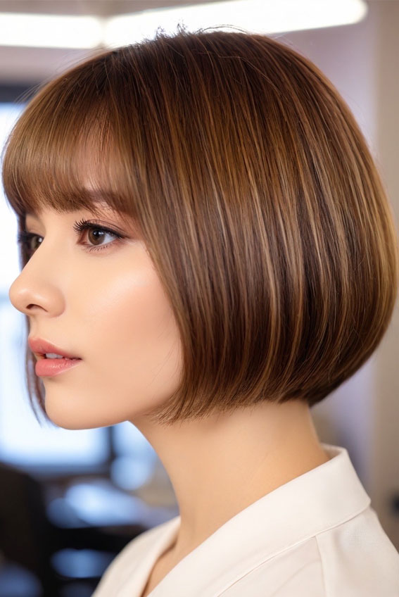 30 Cute Bob Hairstyles with Fringe : Sleek Caramel Bob with Blunt Fringe