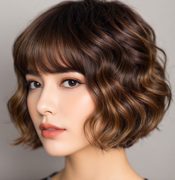 Chocolate Waves Bob with Caramel Highlights, Bob hairstyles with fringe, Bob haircut with layers, medium bob with bangs, long bob with bangs, short bob with bangs, bob with curtain bangs