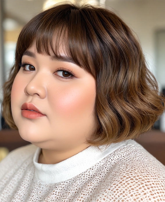 30 Cute Bob Hairstyles with Fringe : Chestnut Wavy Bob For Chubby Face