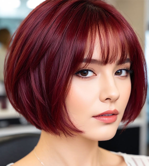 Cherry Wine Bob with Wispy Fringe, Bob hairstyles with fringe, Bob haircut with layers, medium bob with bangs, long bob with bangs, short bob with bangs, bob with curtain bangs