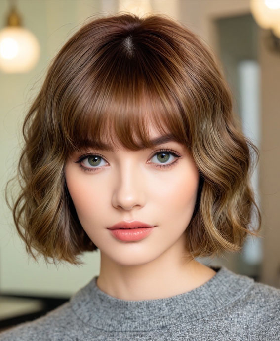 30 Cute Bob Hairstyles with Fringe : Warm Brown Wavy Bob with Curtain Fringe