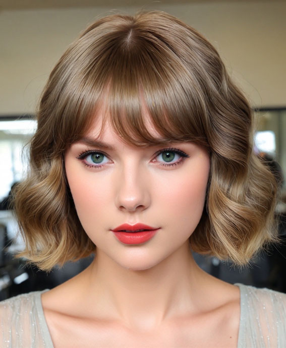 30 Cute Bob Hairstyles with Fringe : Mushroom Bronde Soft Wavy Bob