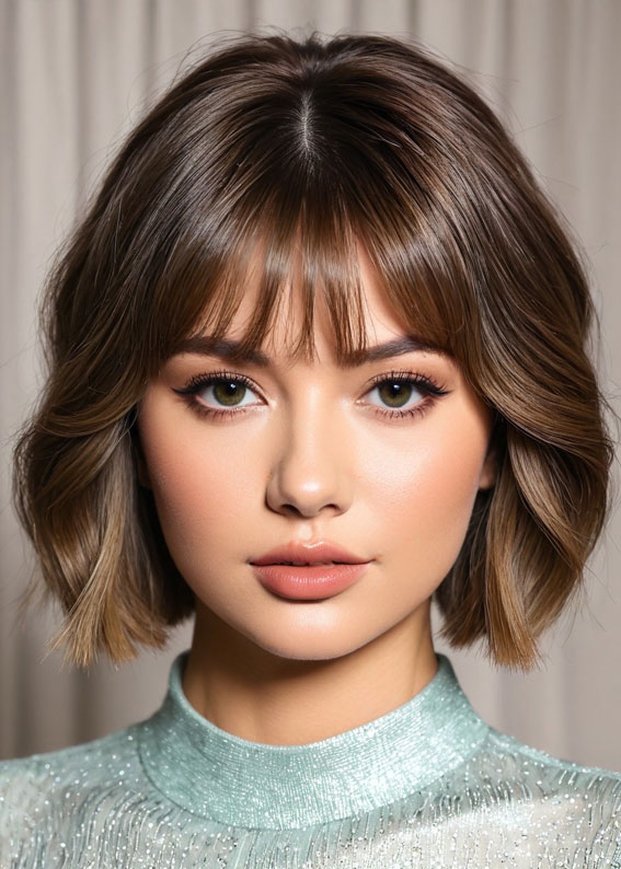 30 Cute Bob Hairstyles with Fringe : Deep Caramel Textured Chin-Length Bob