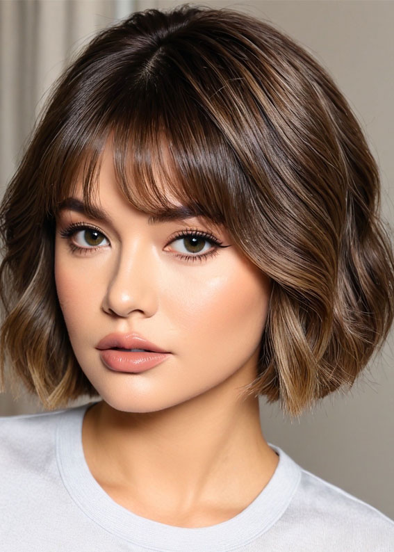 Textured Brunette Bob with Wispy Fringe, Bob hairstyles with fringe, Bob haircut with layers, medium bob with bangs, long bob with bangs, short bob with bangs, bob with curtain bangs