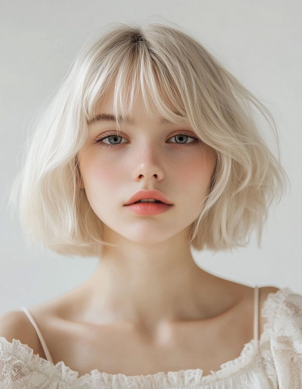 Platinum Blonde Tousled Bob with Soft Fringe, Bob hairstyles with fringe, Bob haircut with layers, medium bob with bangs, long bob with bangs, short bob with bangs, bob with curtain bangs