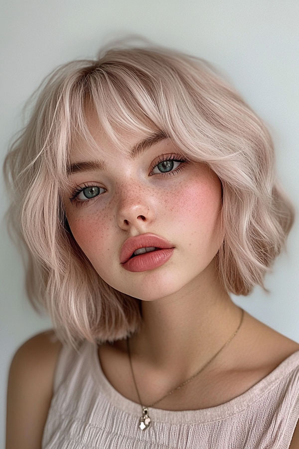 Soft Pastel Wavy Bob, Bob hairstyles with fringe, Bob haircut with layers, medium bob with bangs, long bob with bangs, short bob with bangs, bob with curtain bangs