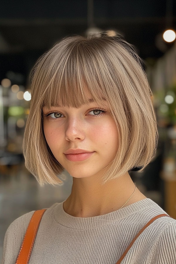 Sandy Blonde Bob with Blunt Fringe, Bob hairstyles with fringe, Bob haircut with layers, medium bob with bangs, long bob with bangs, short bob with bangs, bob with curtain bangs