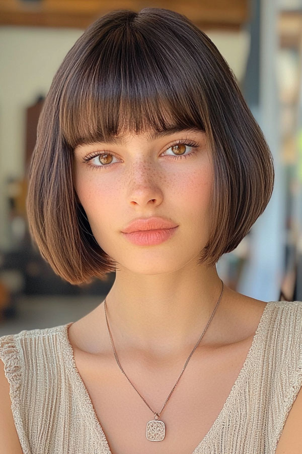 30 Cute Bob Hairstyles with Fringe : Sleek Brunette Bob with Blunt Fringe