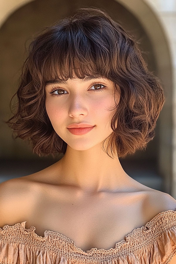 30 Cute Bob Hairstyles with Fringe : Effortless Boho Waves Bob