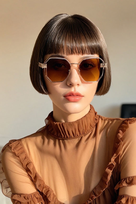 Chocolate Brown Bob with Blunt Fringe, Bob hairstyles with fringe, Bob haircut with layers, medium bob with bangs, long bob with bangs, short bob with bangs, bob with curtain bangs