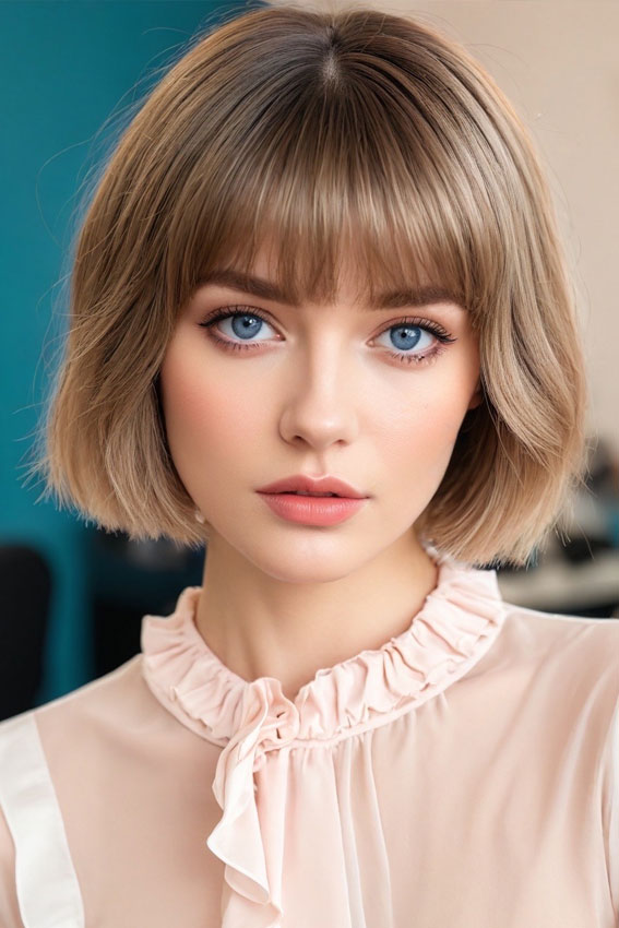 30 Cute Bob Hairstyles with Fringe : Soft Ash Blonde Bob with Straight Fringe