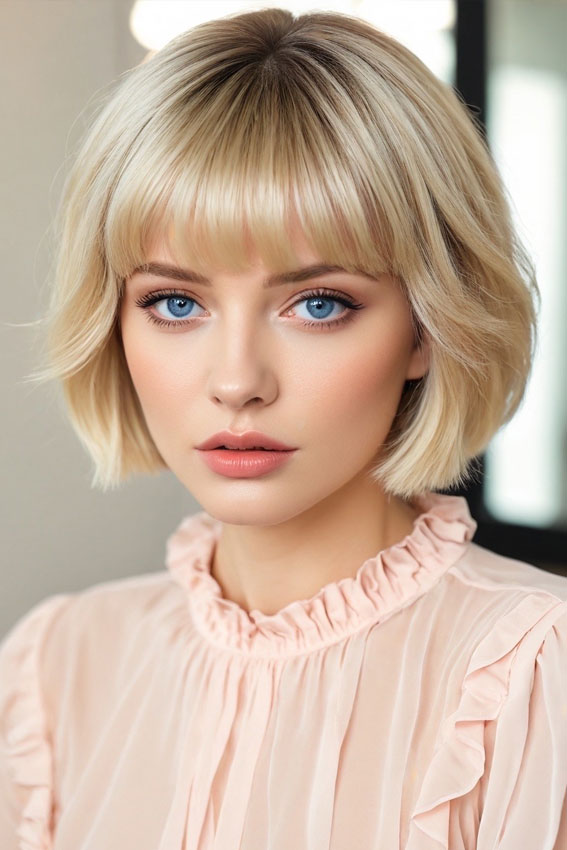 30 Cute Bob Hairstyles with Fringe : Champagne Blonde Chin-Length Bob with Classic Fringe