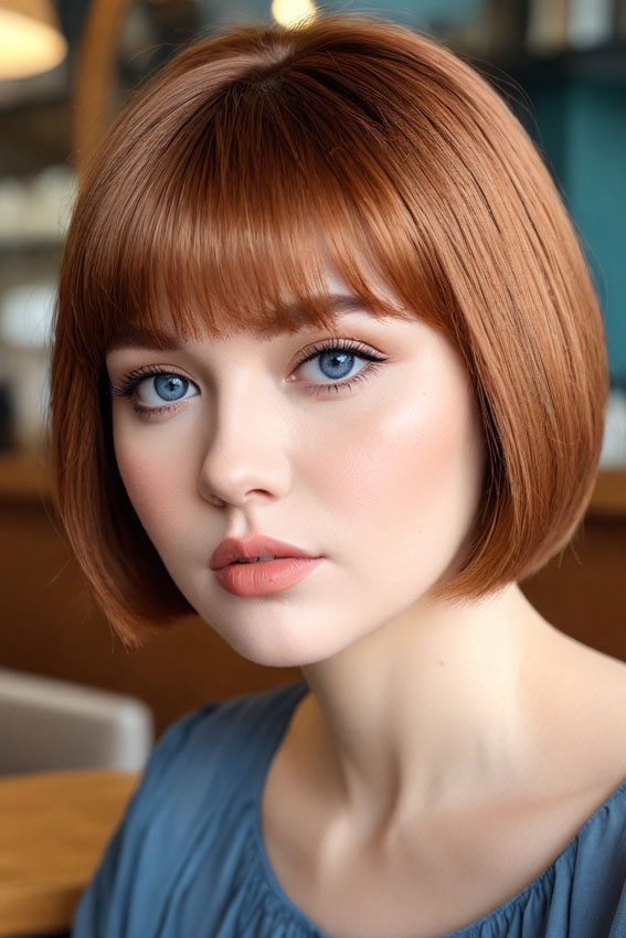 Radiant Copper Brown Bob with Blunt Fringe, Bob hairstyles with fringe, Bob haircut with layers, medium bob with bangs, long bob with bangs, short bob with bangs, bob with curtain bangs