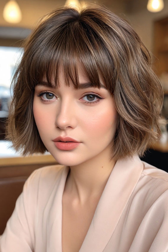 Soft Textured Ash Brown Bob with Feathered Fringe, Bob hairstyles with fringe, Bob haircut with layers, medium bob with bangs, long bob with bangs, short bob with bangs, bob with curtain bangs