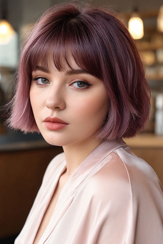 Dusty Lavender Bob, Bob hairstyles with fringe, Bob haircut with layers, medium bob with bangs, long bob with bangs, short bob with bangs, bob with curtain bangs