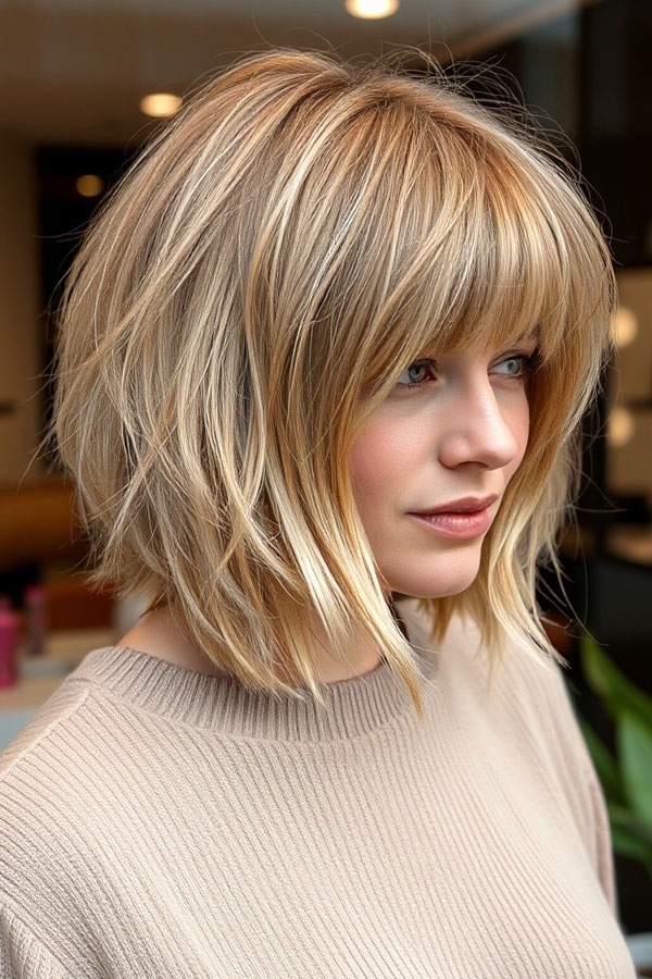 35 Medium Bob Haircuts That Are Always in Style : Layered Blonde Bob with Full Fringe