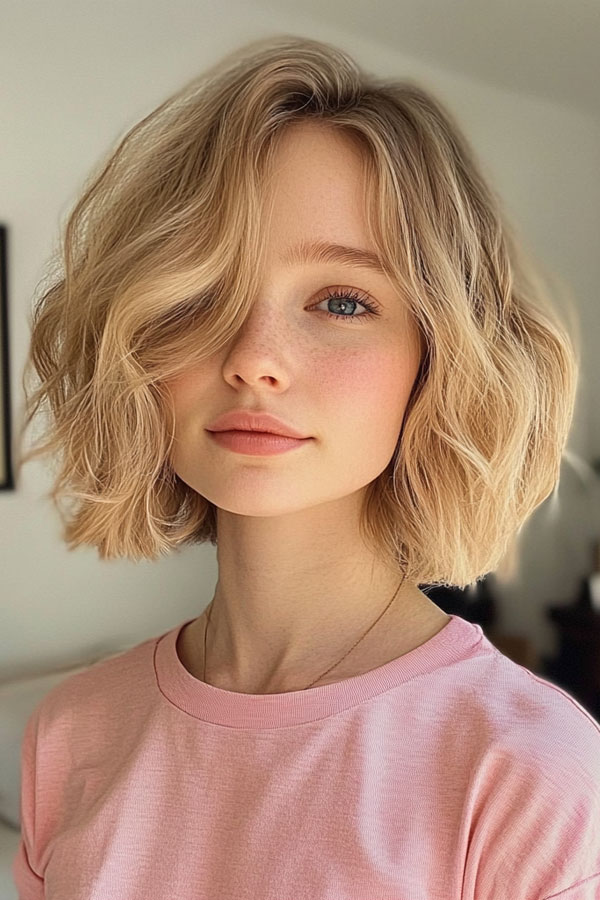 35 Medium Bob Haircuts That Are Always in Style : Tousled Honey Blonde Bob