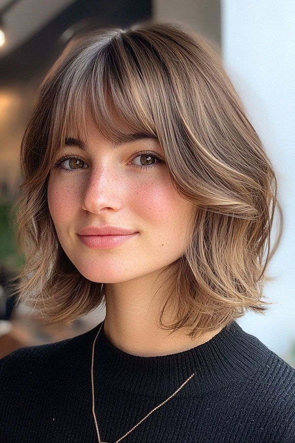 Soft Caramel Bob with Wispy Curtain Bangs, Bob haircut with layers, medium bob haircut, Bob haircut with bangs, medium bob haircuts with bangs, Long bob haircut, Medium bob hairstyles, medium length bob hairstyles for fine hair