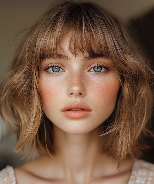 35 Medium Bob Haircuts That Are Always in Style : Tousled Loose Waves Bob with Shaggy Bangs