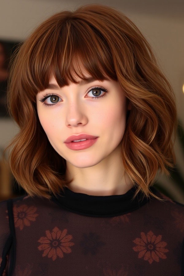 Rich Auburn Bob with Wavy Texture, Bob haircut with layers, medium bob haircut, Bob haircut with bangs, medium bob haircuts with bangs, Long bob haircut, Medium bob hairstyles, medium length bob hairstyles for fine hair