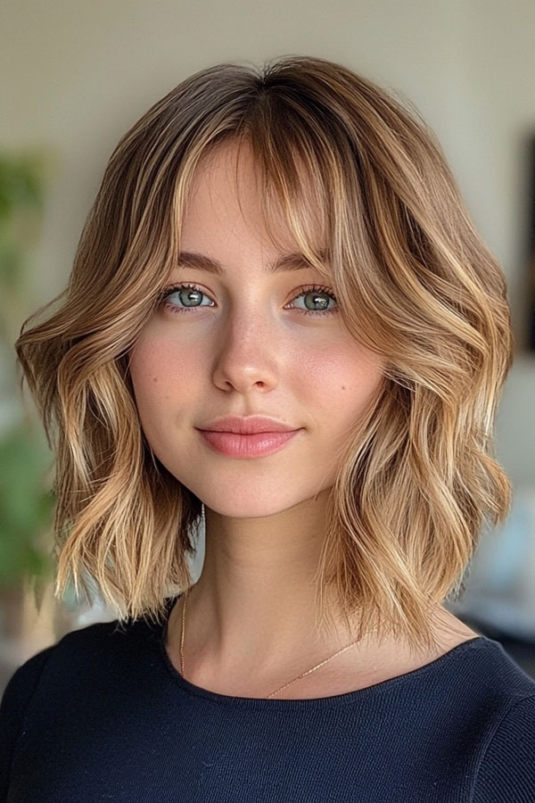 Sunlit Wavy Bob with Curtain Bangs, Bob haircut with layers, medium bob haircut, Bob haircut with bangs, medium bob haircuts with bangs, Long bob haircut, Medium bob hairstyles, medium length bob hairstyles for fine hair