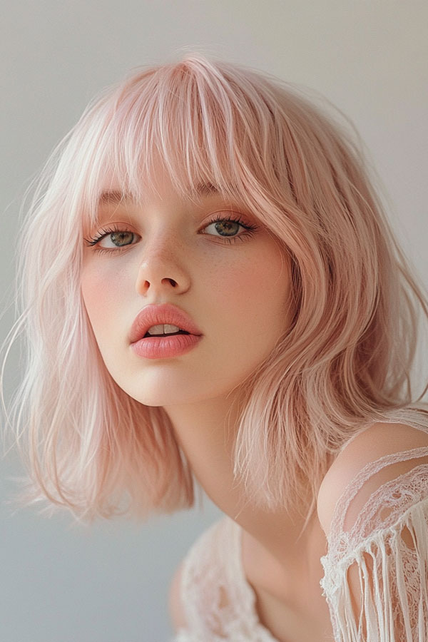 Pastel Pink Bob with Soft Layers, Bob haircut with layers, medium bob haircut, Bob haircut with bangs, medium bob haircuts with bangs, Long bob haircut, Medium bob hairstyles, medium length bob hairstyles for fine hair