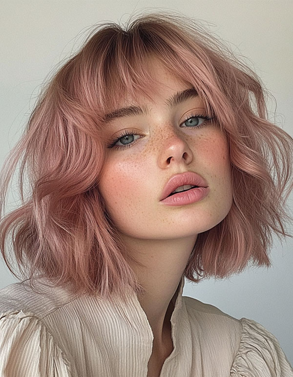 35 Medium Bob Haircuts That Are Always in Style : Messy Pastel Pink Bob with Soft Bangs