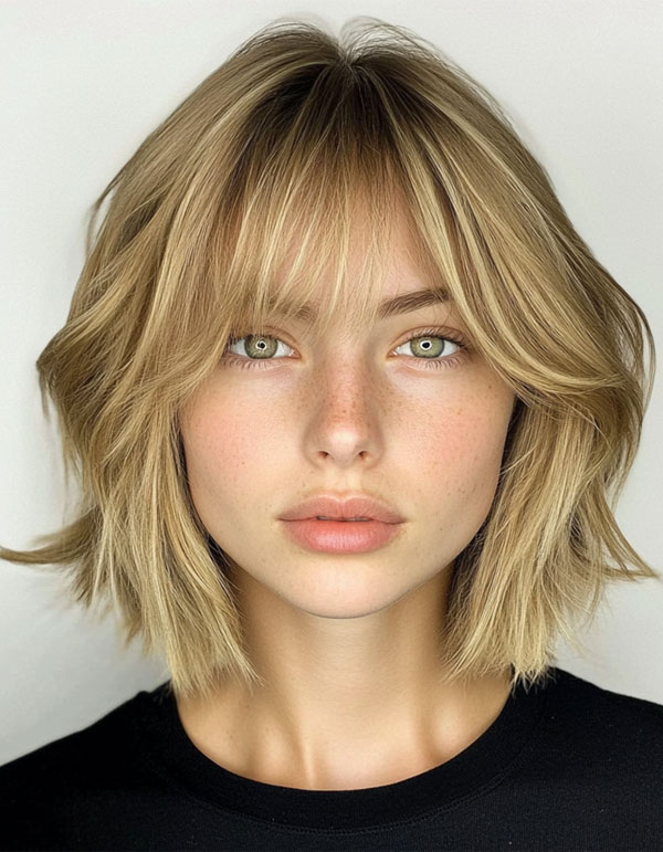 35 Medium Bob Haircuts That Are Always in Style : Golden Textured Bob with Curtain Bangs