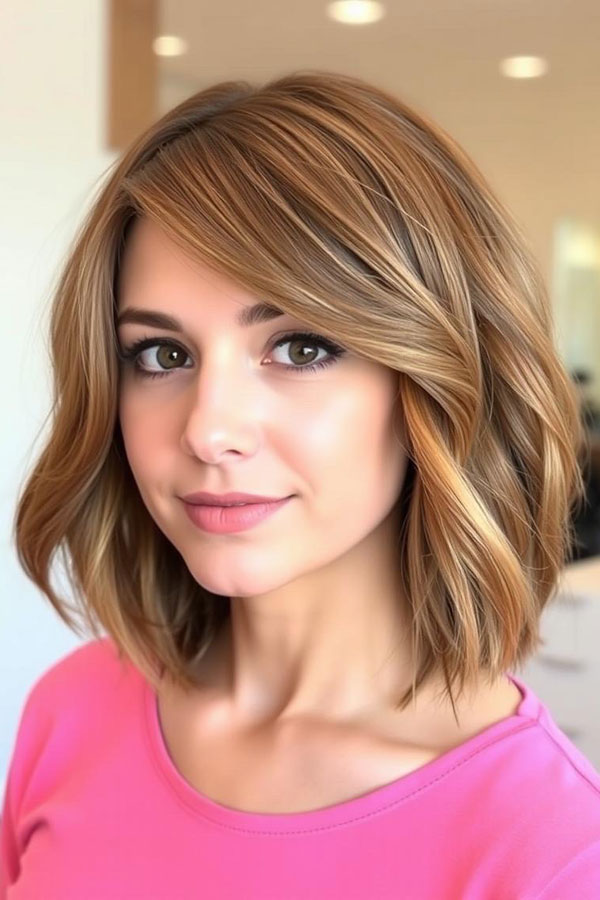 35 Medium Bob Haircuts That Are Always in Style : Side-Swept Honey Blonde Bob