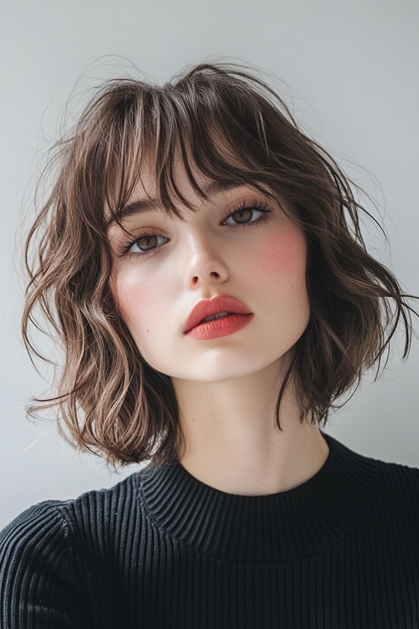 Edgy Wavy Bob with Wispy Bangs, Bob haircut with layers, medium bob haircut, Bob haircut with bangs, medium bob haircuts with bangs, Long bob haircut, Medium bob hairstyles, medium length bob hairstyles for fine hair