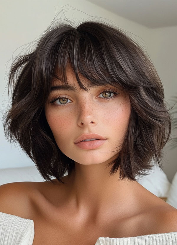 35 Medium Bob Haircuts That Are Always in Style : Textured Chocolate Bob with Wispy Bangs