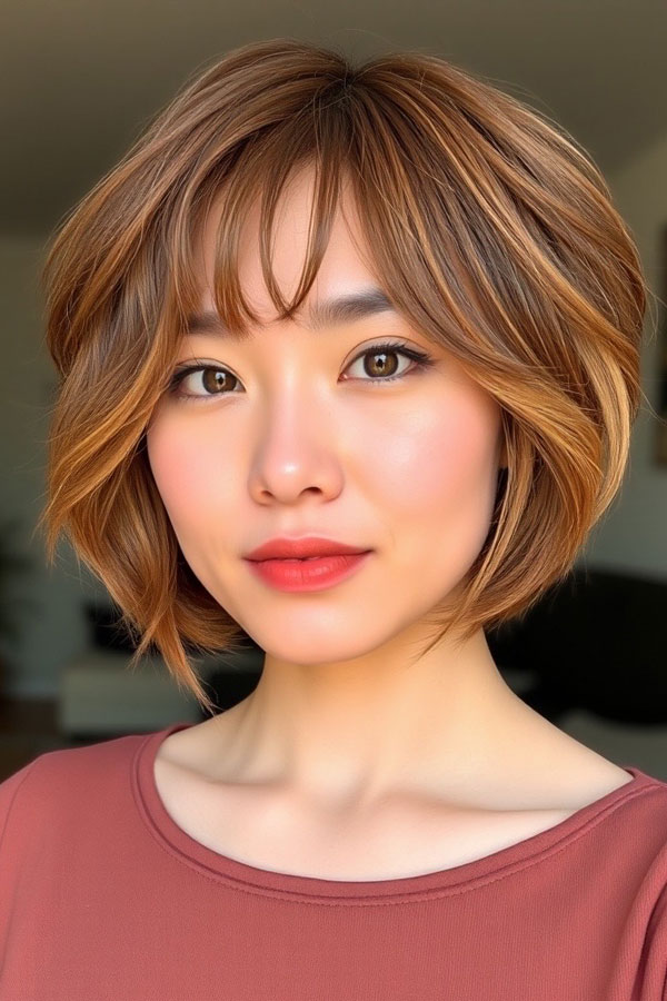 35 Medium Bob Haircuts That Are Always in Style : Rounded Bob with Side-Swept Fringe