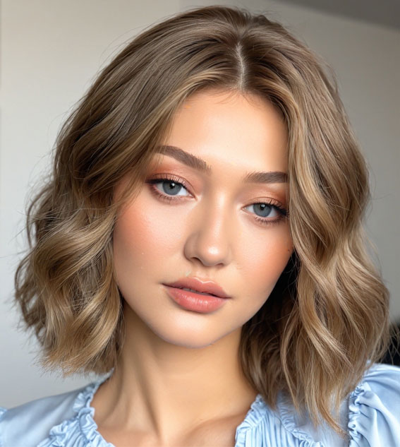 Sandy Blonde Bob with Soft Waves, Bob haircut with layers, medium bob haircut, Bob haircut with bangs, medium bob haircuts with bangs, Long bob haircut, Medium bob hairstyles, medium length bob hairstyles for fine hair