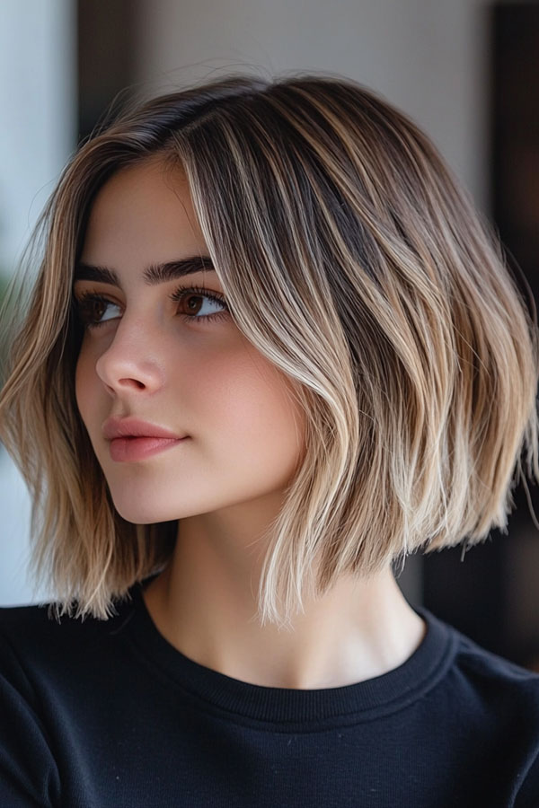 35 Medium Bob Haircuts That Are Always in Style : Blunt Bob with Ashy Blonde Highlights