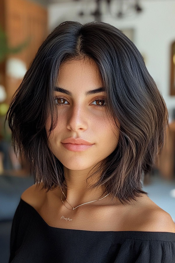 Black Textured Bob with Centre Part, Bob haircut with layers, medium bob haircut, Bob haircut with bangs, medium bob haircuts with bangs, Long bob haircut, Medium bob hairstyles, medium length bob hairstyles for fine hair